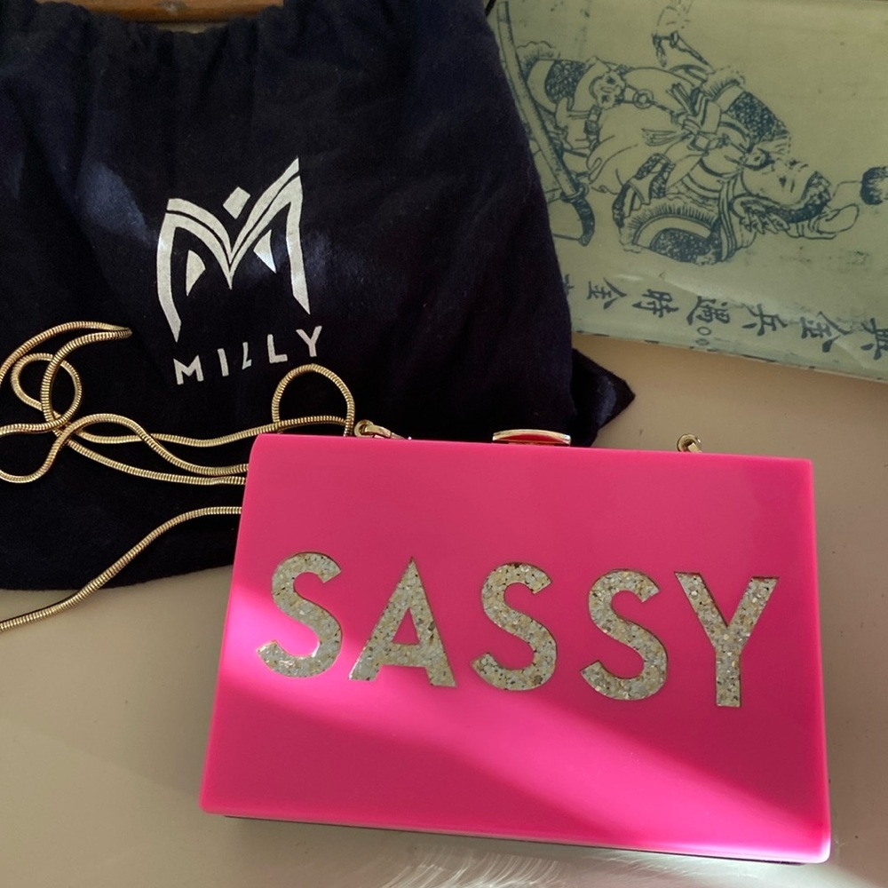 Milly Crossbody, hot pink, black gold Sassy- Glam , fun party accessory dust bag